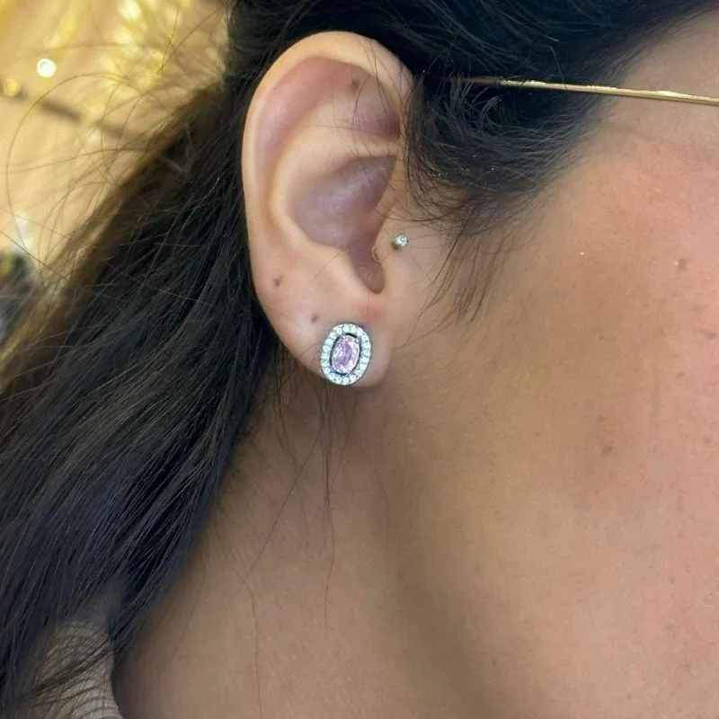 BRINCO AÇO OVAL CRAVEJADO ROSA
