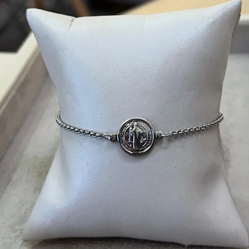 PULSEIRA AÇO ELO PORTUGUÊS COM PINGENTE DE SÃO BENTO