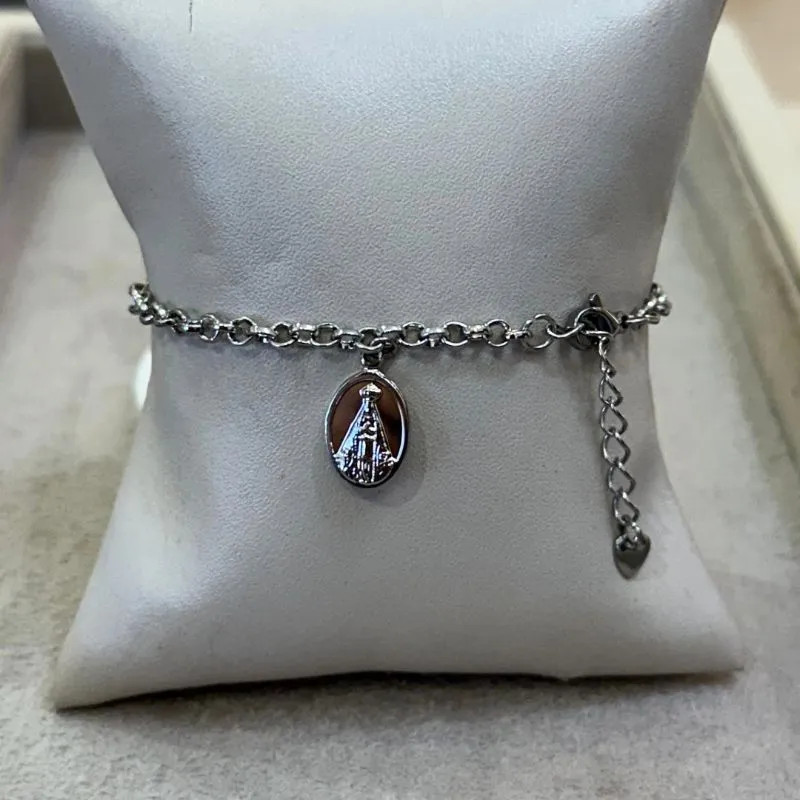 PULSEIRA AÇO ELO PORTUGUÊS COM PINGENTE NOSSA SENHORA APARECIDA