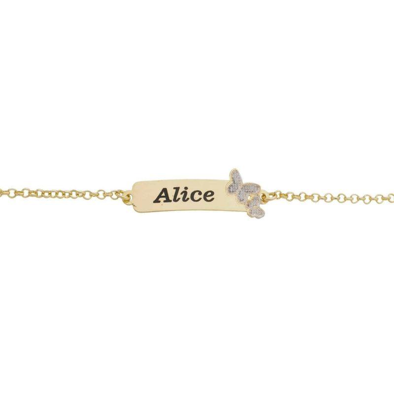 PULSEIRA INFANTIL ELO PORTUGUÊS COM PLAQUINHA E BORBOLETAS (11CM)