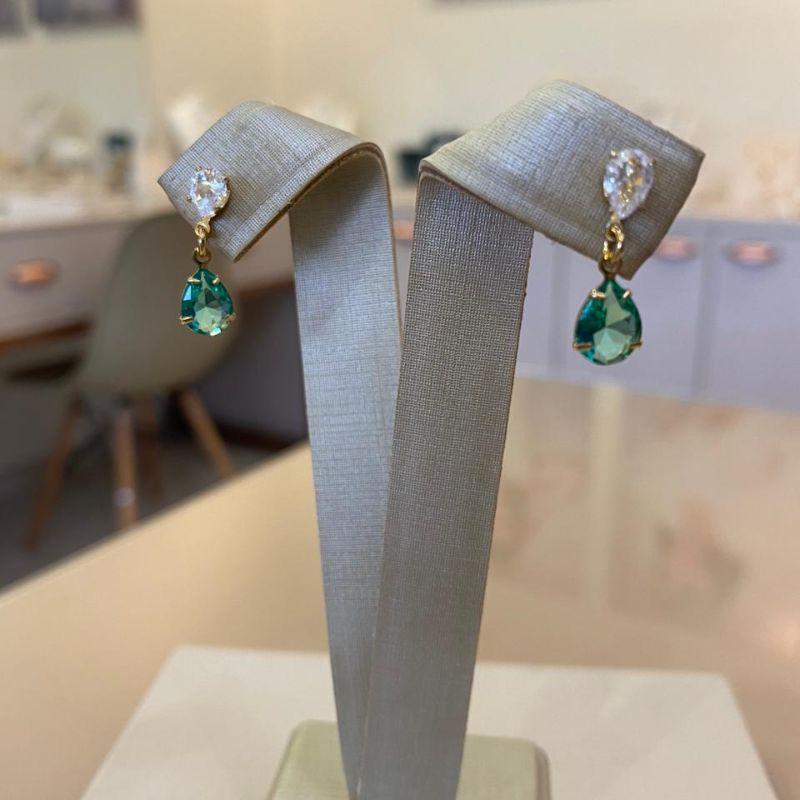 BRINCO DUAS GOTAS CRISTAL E VERDE