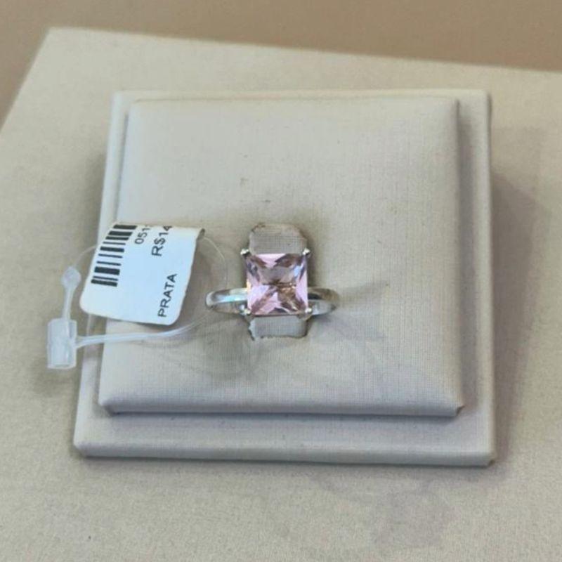 ANEL PRATA ZICÔNIA QUADRADA ROSA TAMANHO 17