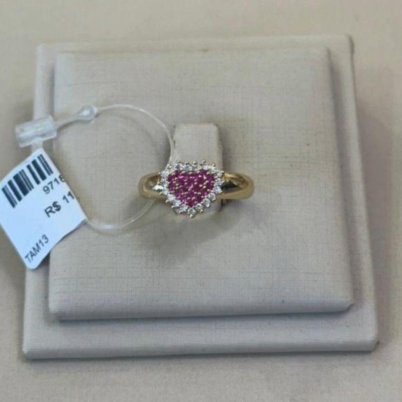 ANEL SOLITÁRIO CHUVEIRINHO CORAÇÃO PINK TAM 13