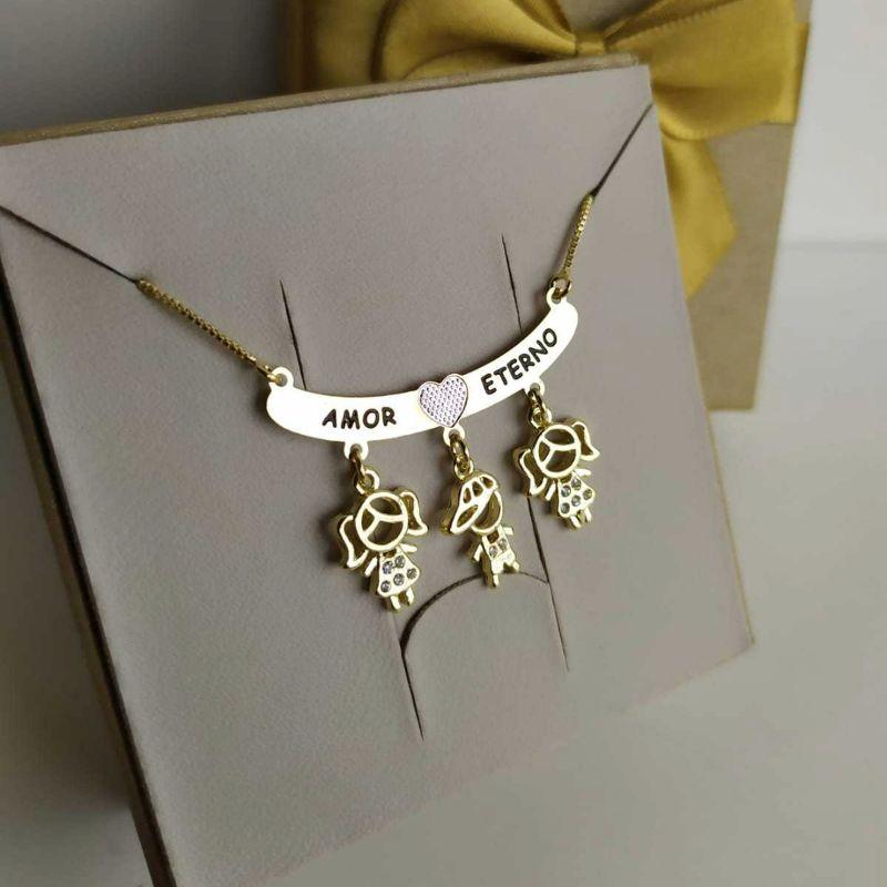 COLAR PERSONALIZADO 3 FILHO GRAVAÇÃO AMOR ETERNO NA VENEZIANA DE 45CM