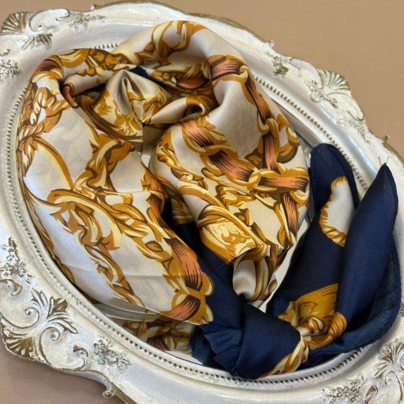 LENÇO ESTAMPADO AZUL E BEGE 70X70CM