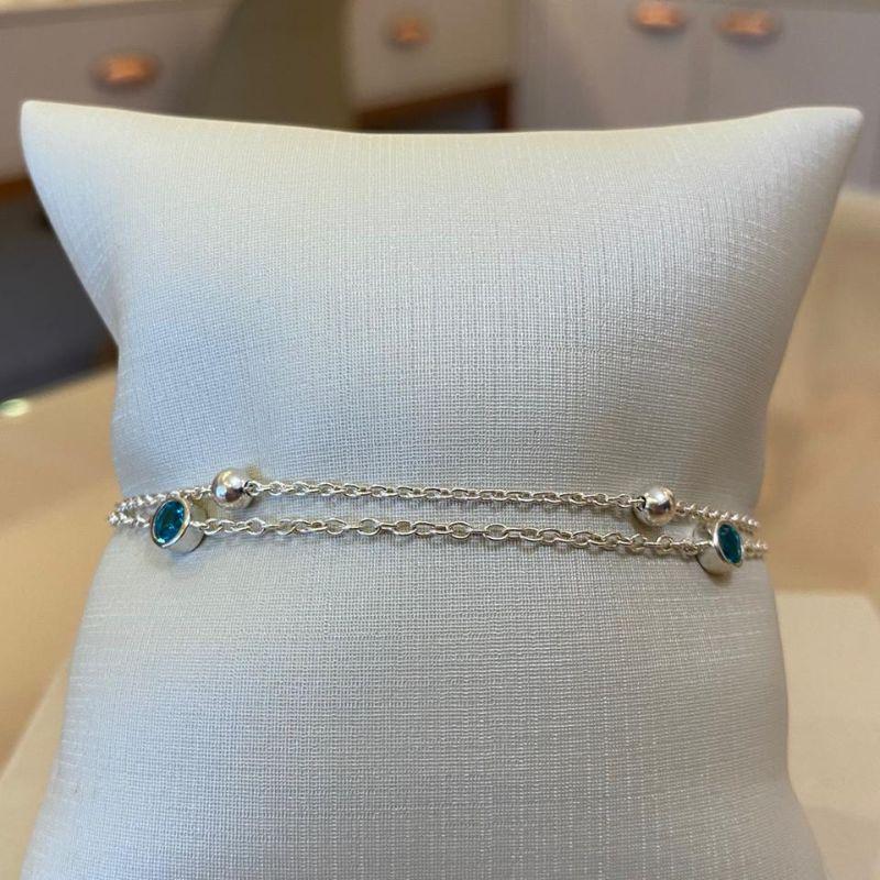 PULSEIRA PRATA DUPLA BOLINHAS/ESFERAS E ZIRCÔNIA VERDE TIFFANY