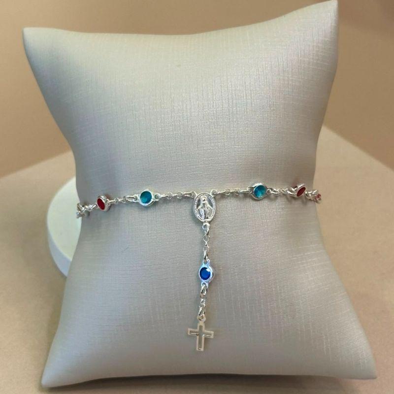 PULSEIRA PRATA TERÇO NOSSA SENHORA DAS GRAÇAS COM ZIRCÔNIAS COLORIDAS