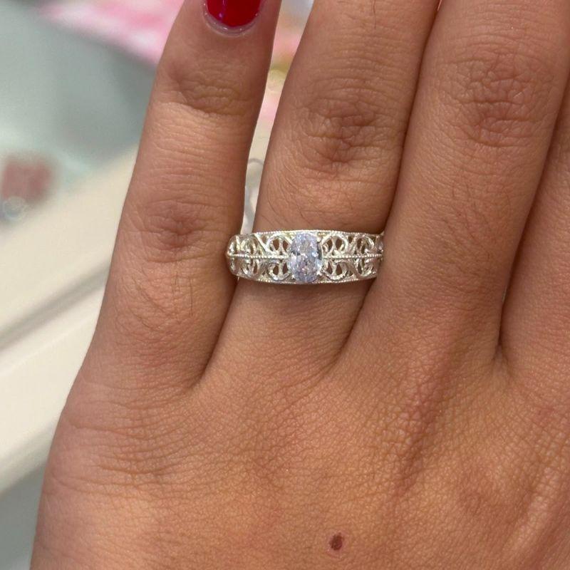 ANEL PRATA SOLITÁRIO RENDA ITALIANA  ZIRCÔNIA OVAL CRISTAL TAMANHO 14